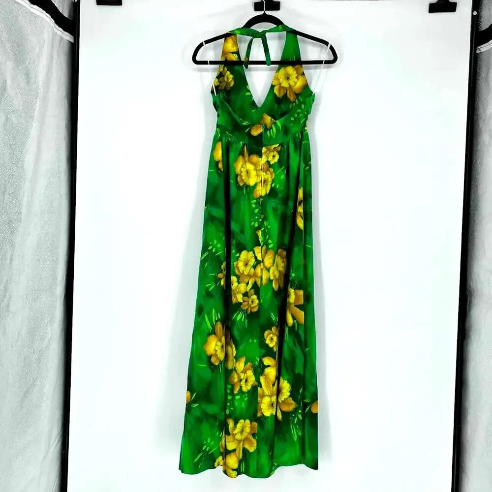 Vintage 70s Green & Yellow Hawaiian Print Halter Maxi Dress - Size S - Picture 2 of 9